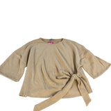 River Island Ribbed Tie Front Top Women Beige Bell Sleeve Casual Wear