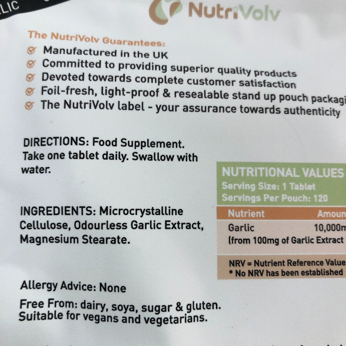 NutriVolv Odourless Garlic 10,000 MG Vegan Tablets 120 Dietary Supplement X5