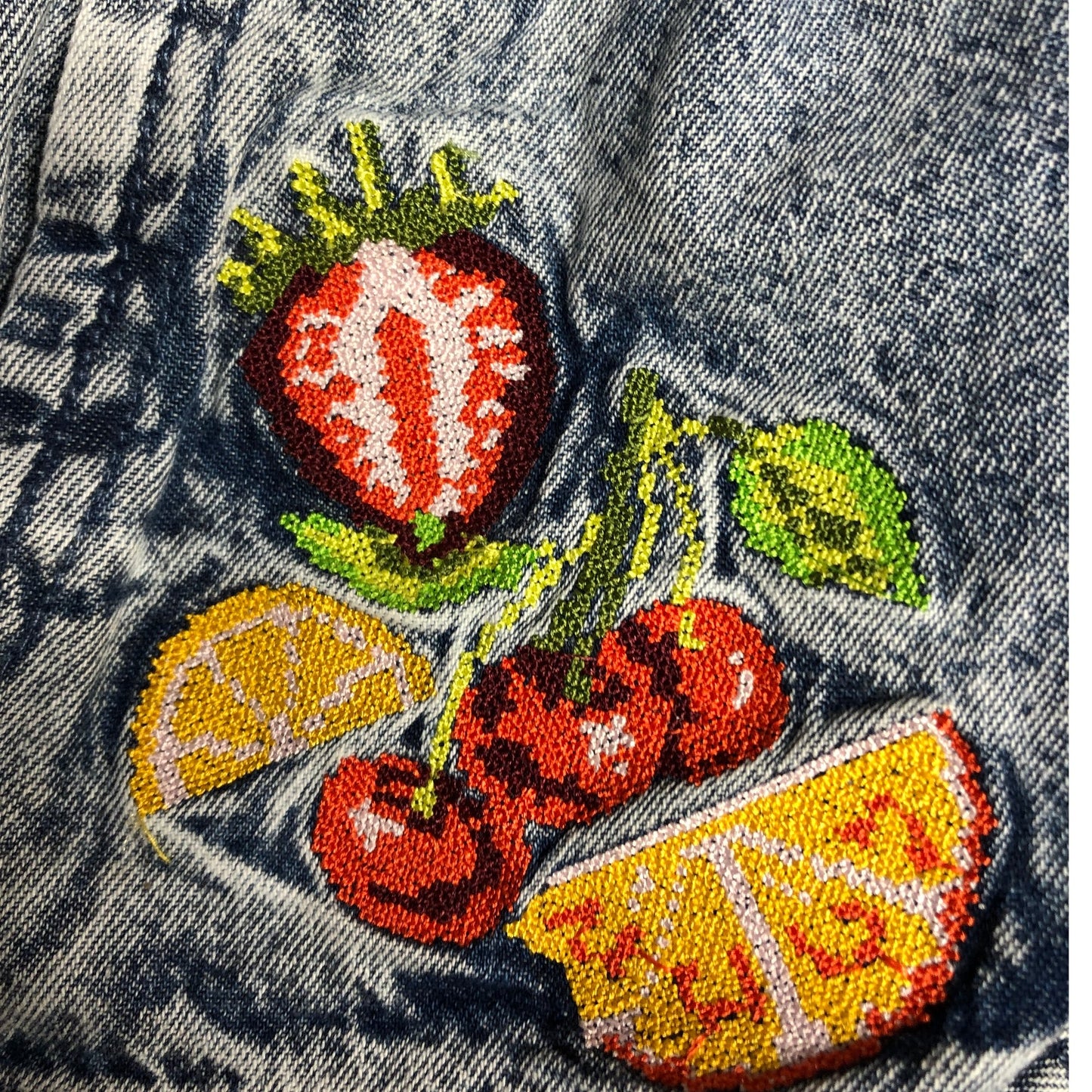 River Island Mini Girls Denim Shorts 12-18 Months Embroidered Fruit