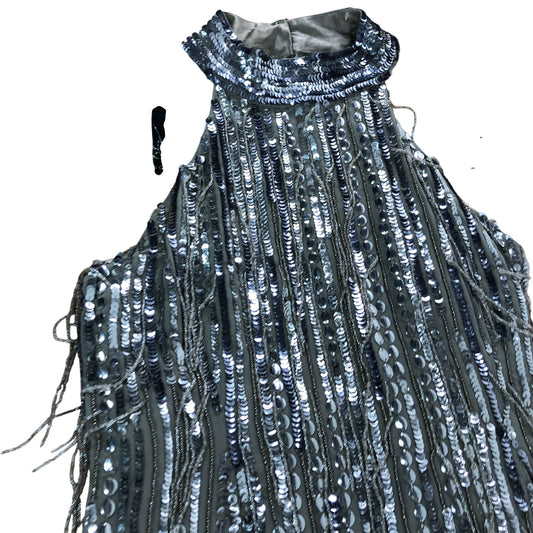 River Island UK12 Women's Silver Sequin Fringe Dress Sleeveless Party Wear