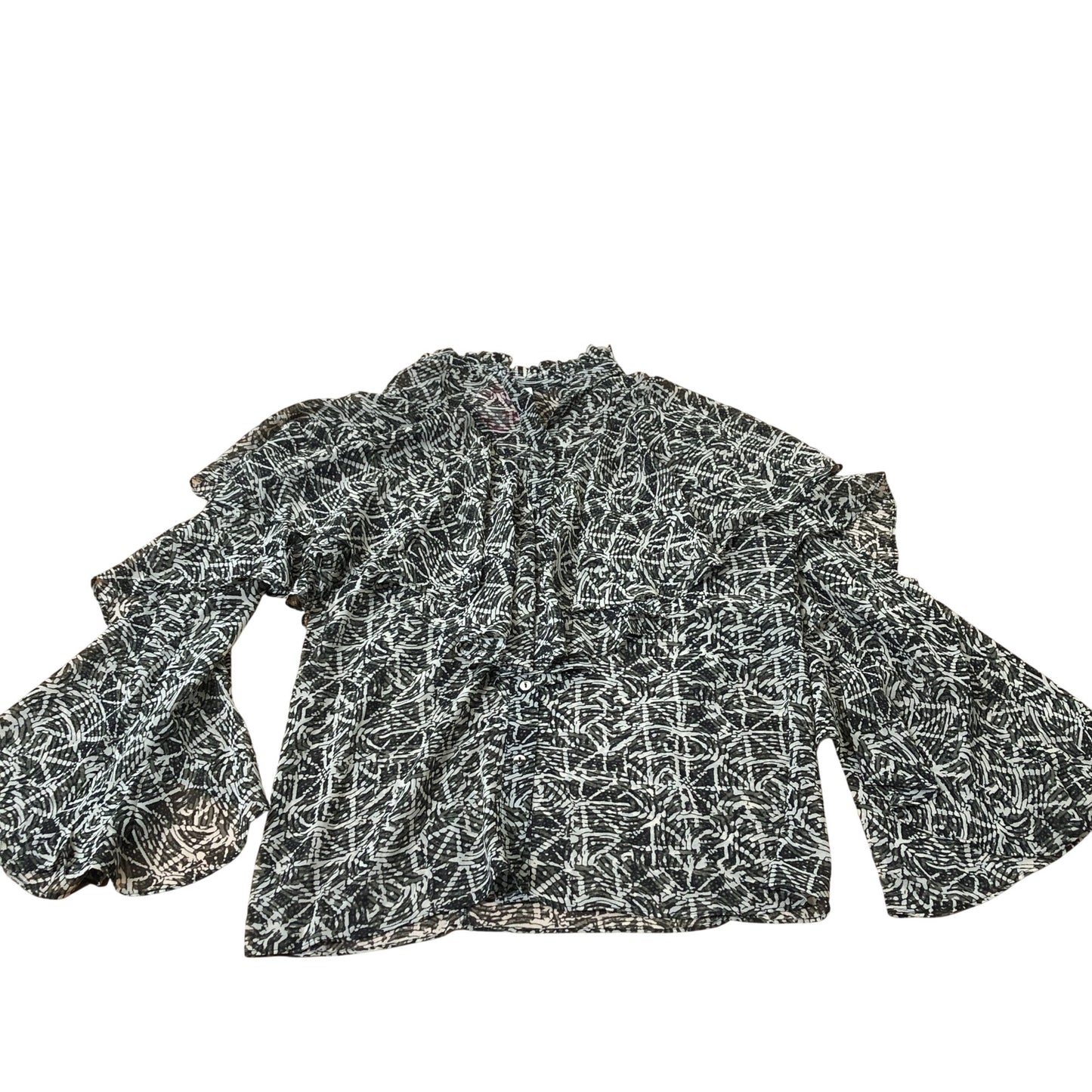 Branded Blouse Women's Flowy Ruffle Patterned Black White Polyester Top UK6