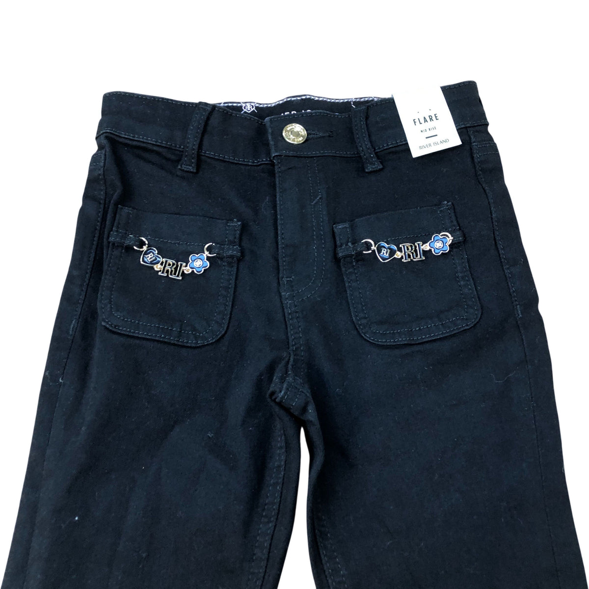 River Island Flare Trousers Girls Black Denim Stretch Stretchy Jeans 7 Years