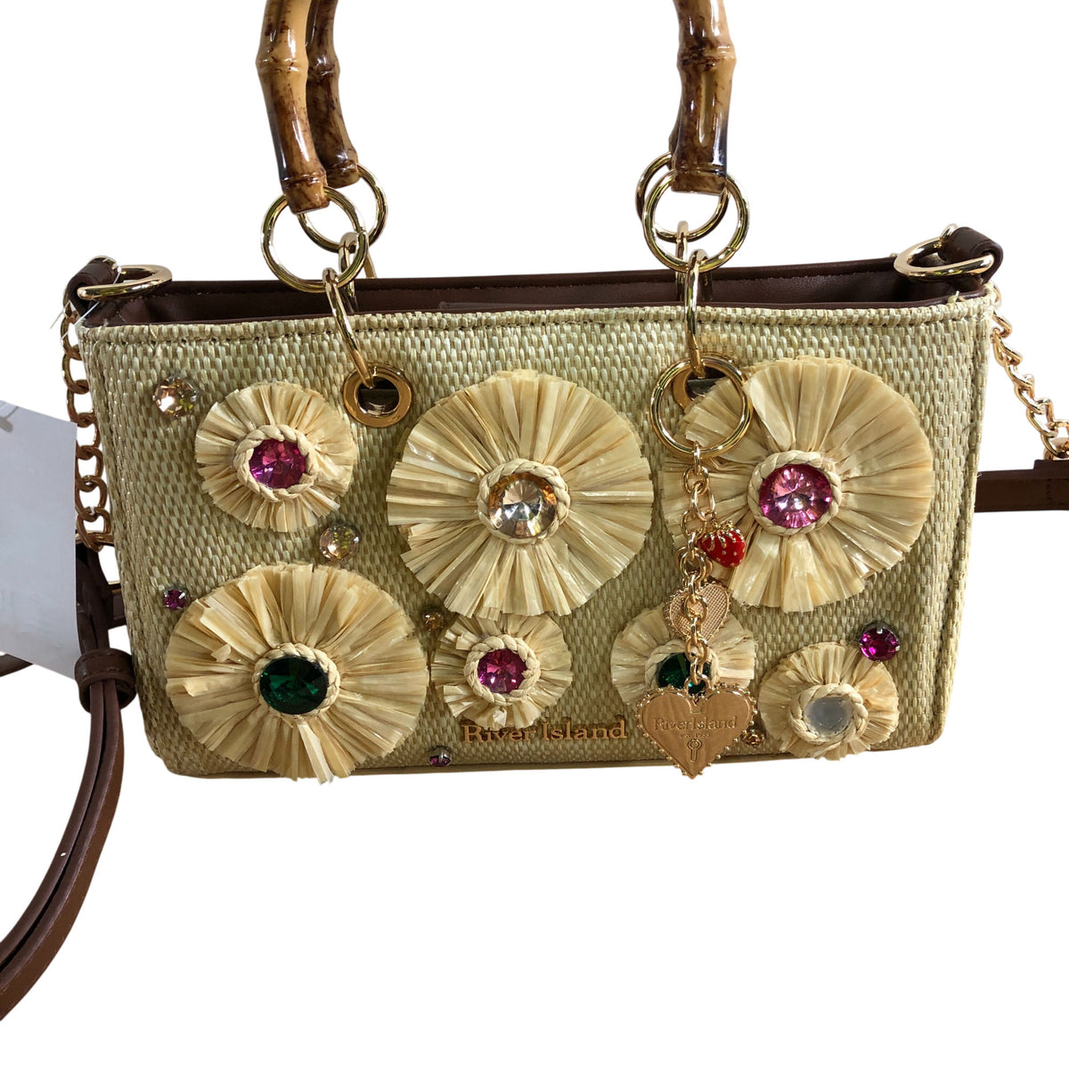 River Island Beige Raffia Gem Flower Tote Bag
