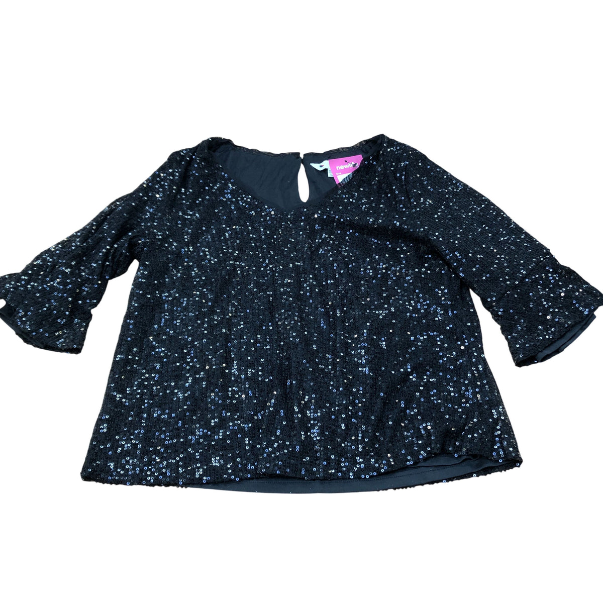 Sequin Blouse UK12 Women's Sparkly Black Top V Neck Party Wear