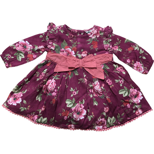 Floral Dress 12-18 Months Baby Girl Long Sleeve Pink Bow Detail