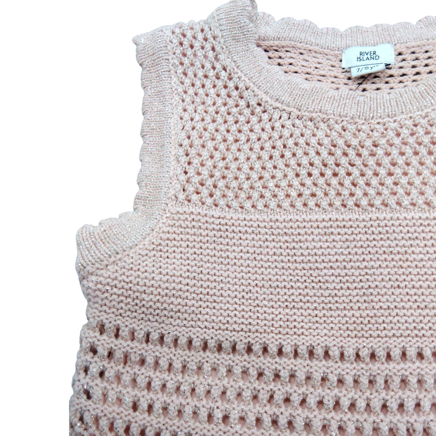 River Island Pink Crochet Knit Jumper UK7-8 Years Girls Sleeveless Top