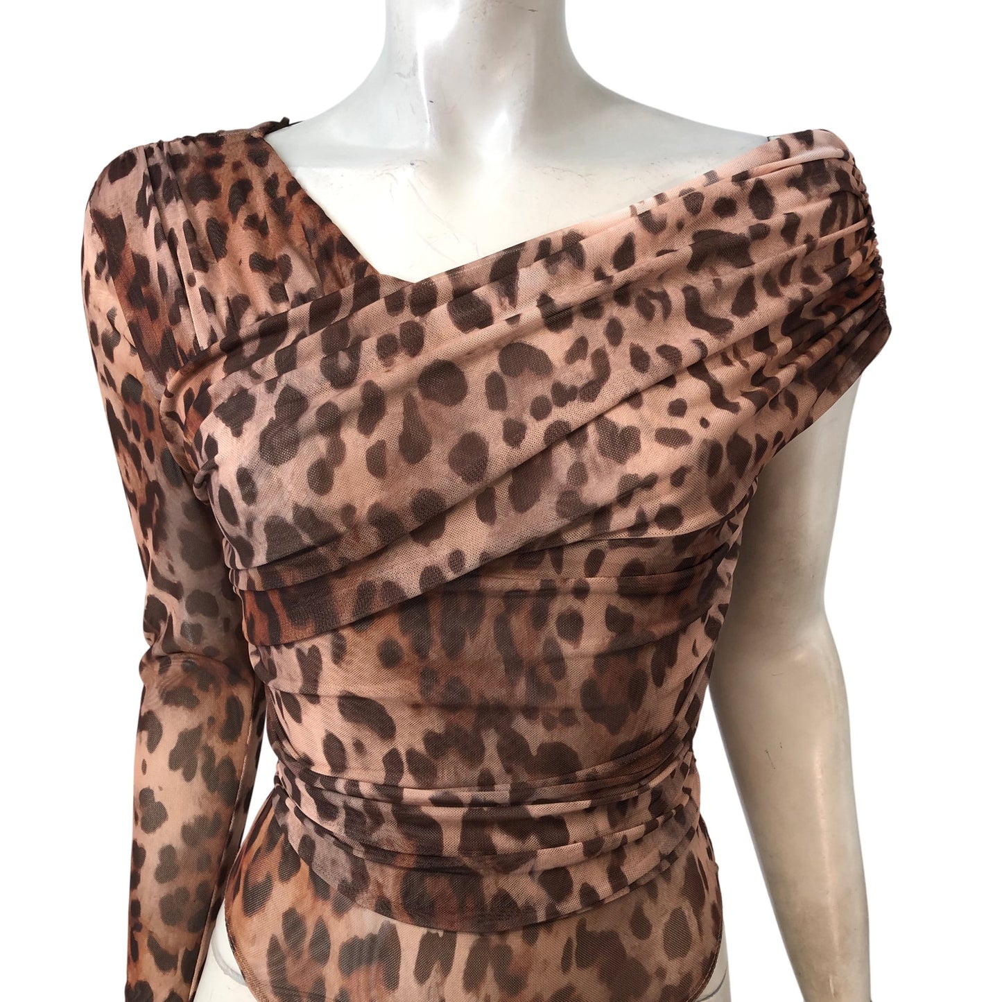 River Island Brown Leopard Print Bodysuit UK8 Women's One Sleeve Ruched Top