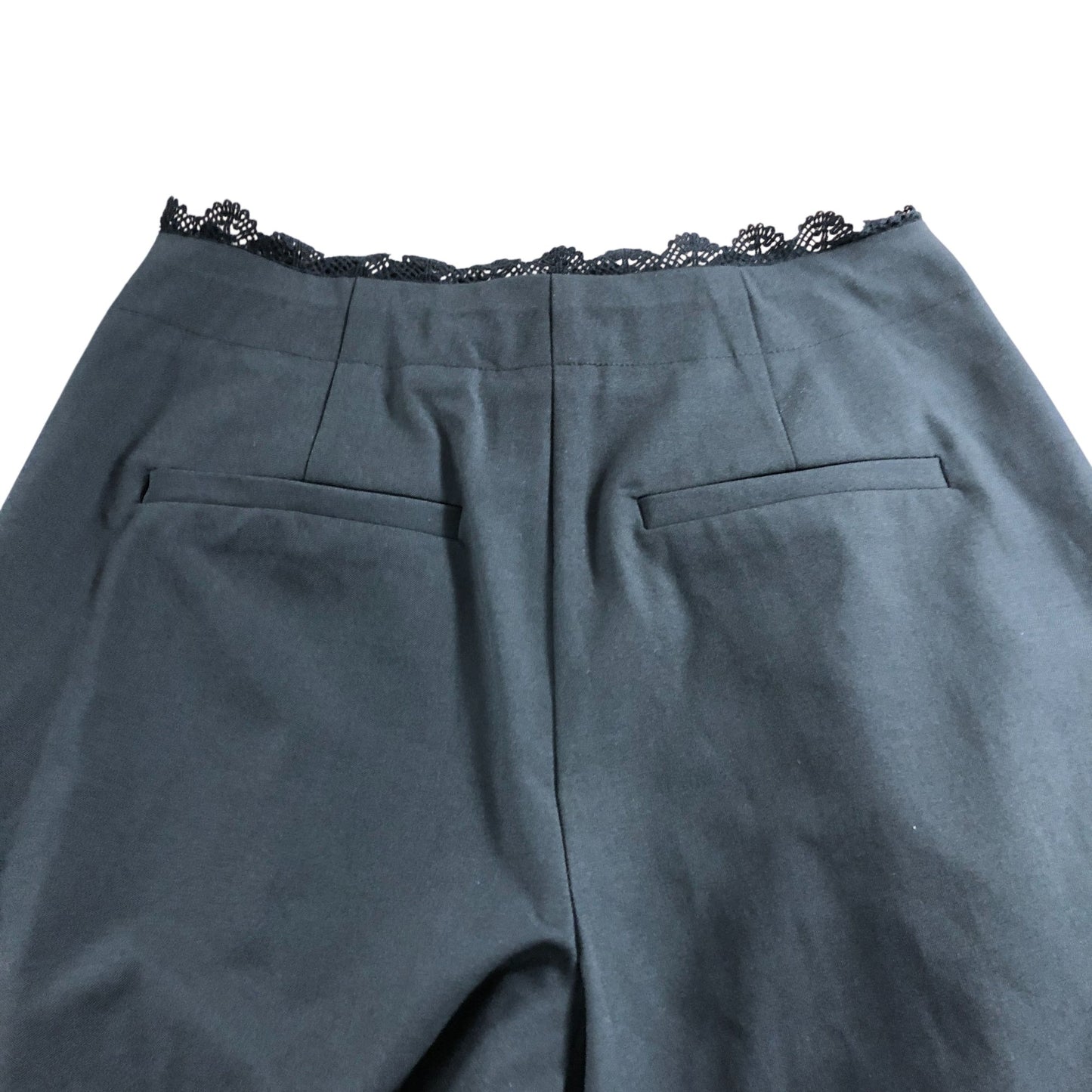 Wide Leg Trousers UK10 Women's Black High Waist Lace Trim