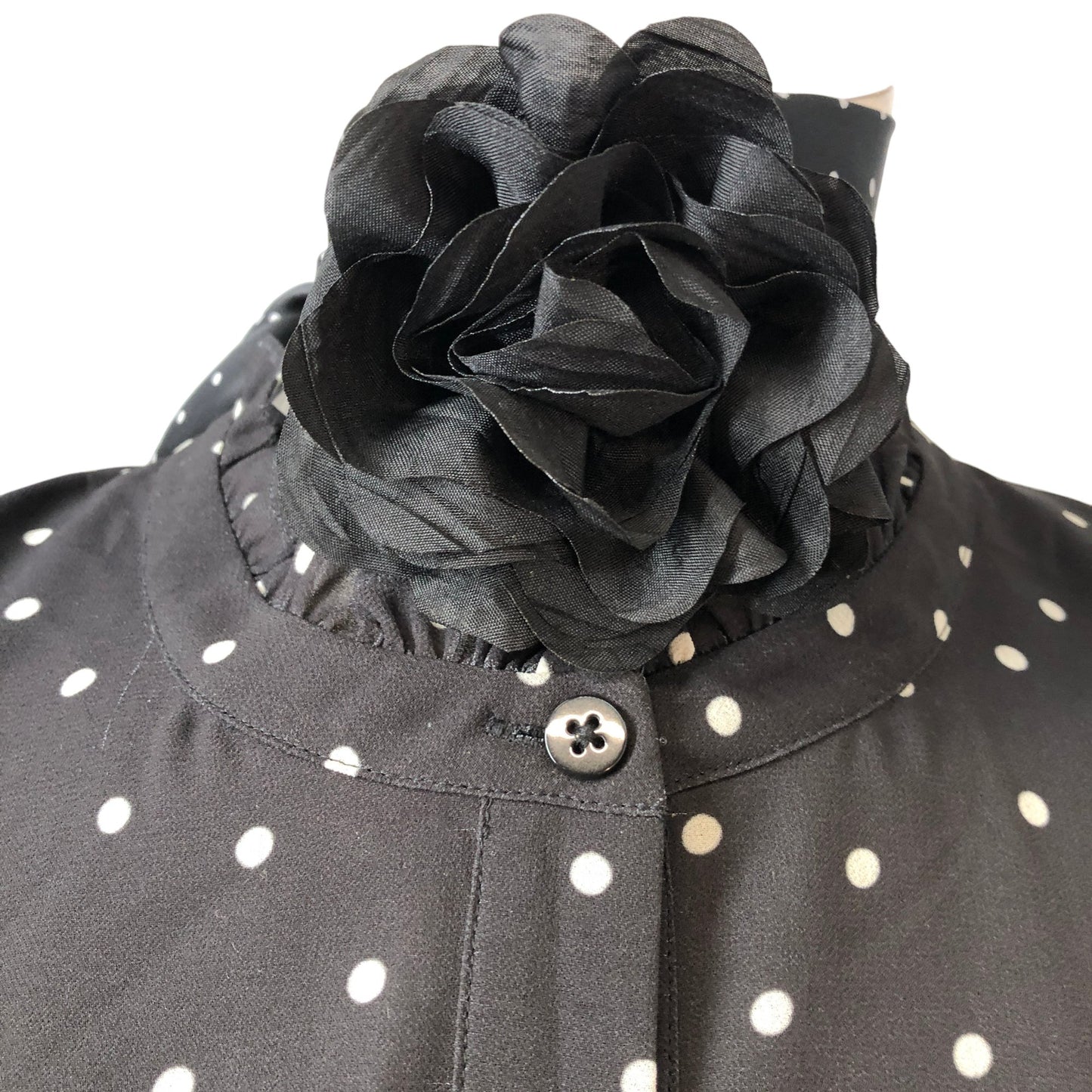 Polka Dot Blouse UK12 Women's Sheer Long Sleeve Black Top with Scarf