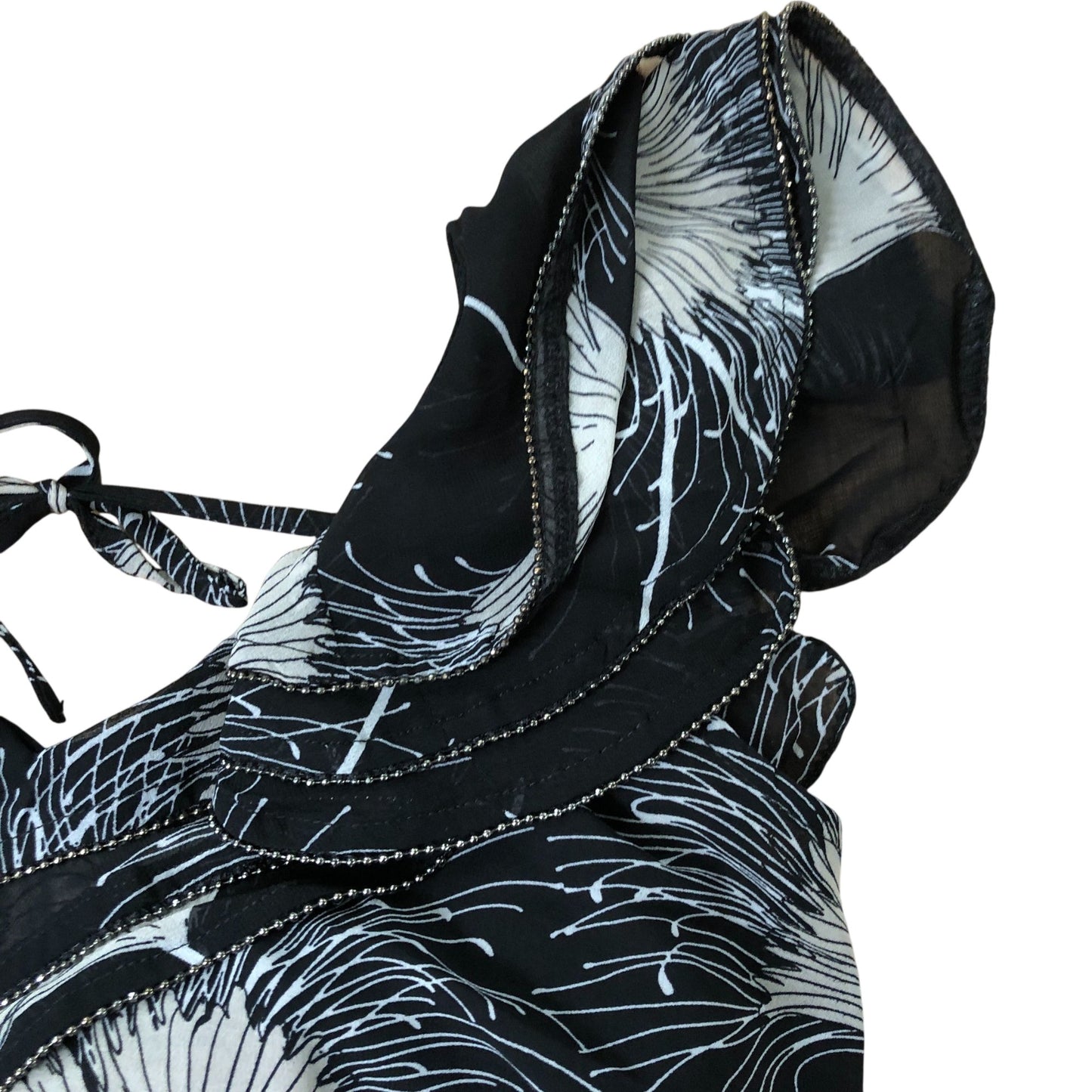 Women's Black Floral Print Chiffon Top Sleeveless Tie Neck XS