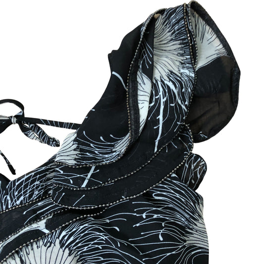 Women's Black Floral Print Chiffon Top Sleeveless Tie Neck XS