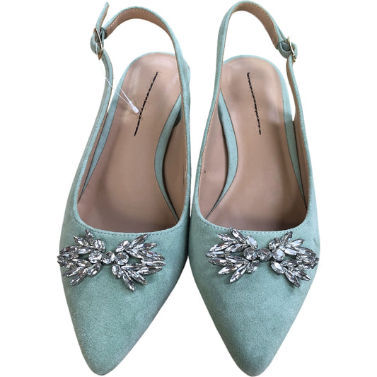 Pointed Toe Dusty Blue Suede Slingback Heels Crystal Detail