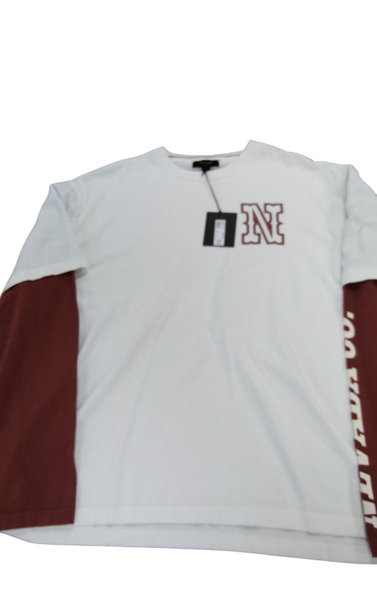 River Island Men's XL Long Sleeve T-Shirt White Burgundy Contrast Sleeve