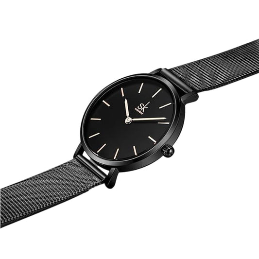 Shengke Ultra Thin Black Mesh Strap Wristwatch Stylish Women's Timepiece