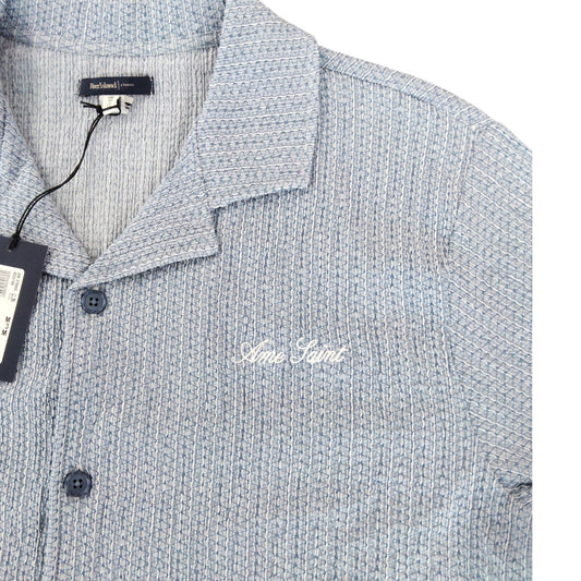 River Island Mens M Short Sleeve Shirt Blue Waffle Knit Cotton Blend Top