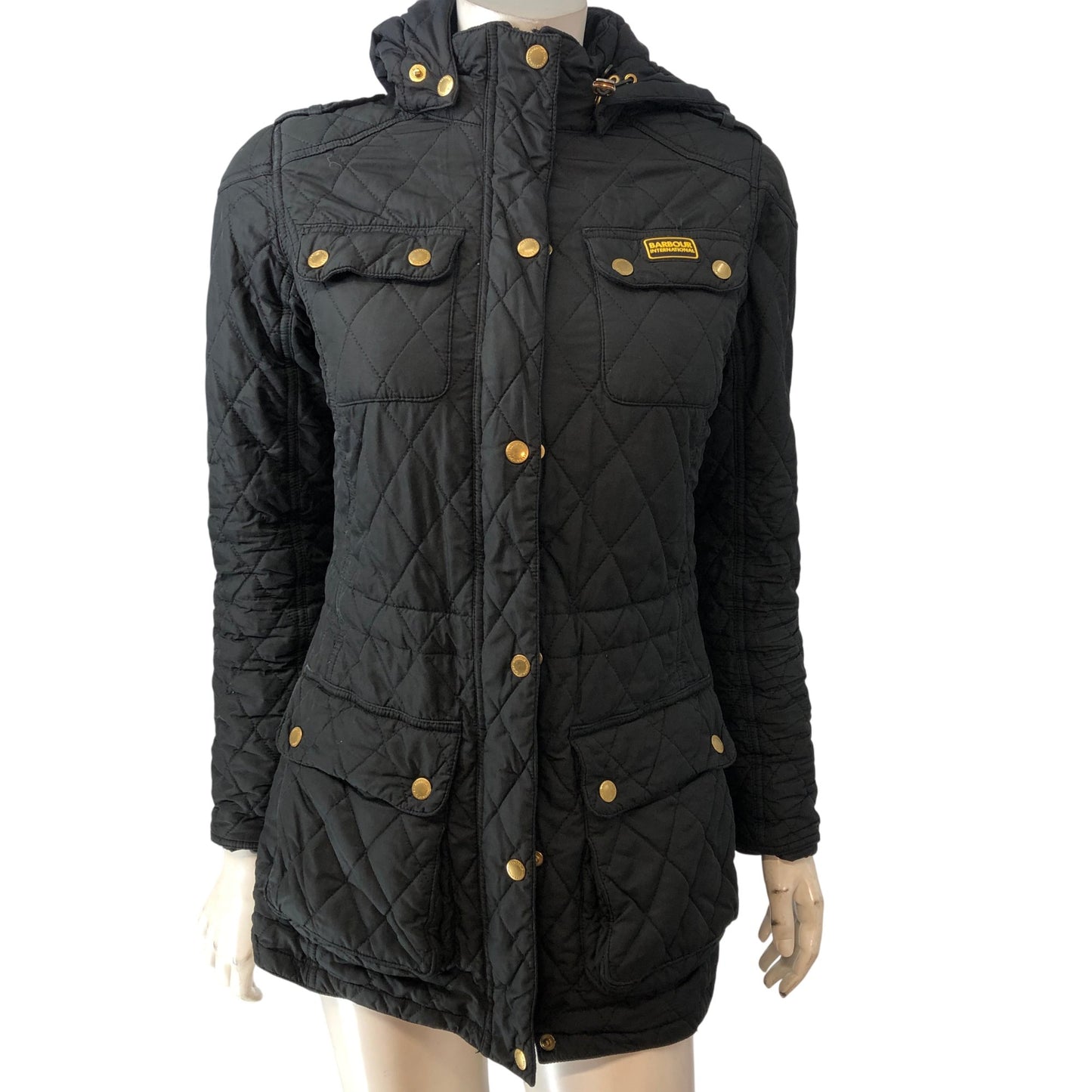 Barbour International Quilted Puffer Jacket UK10 Women's Black Hooded Outerwear
