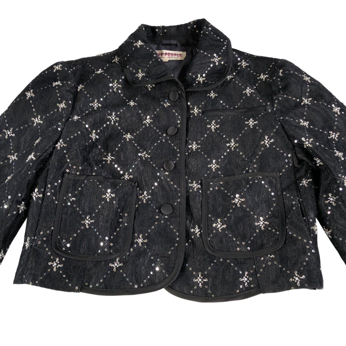 Embellished Cropped Jacket Women's Black Sequined Quilted Size Medium