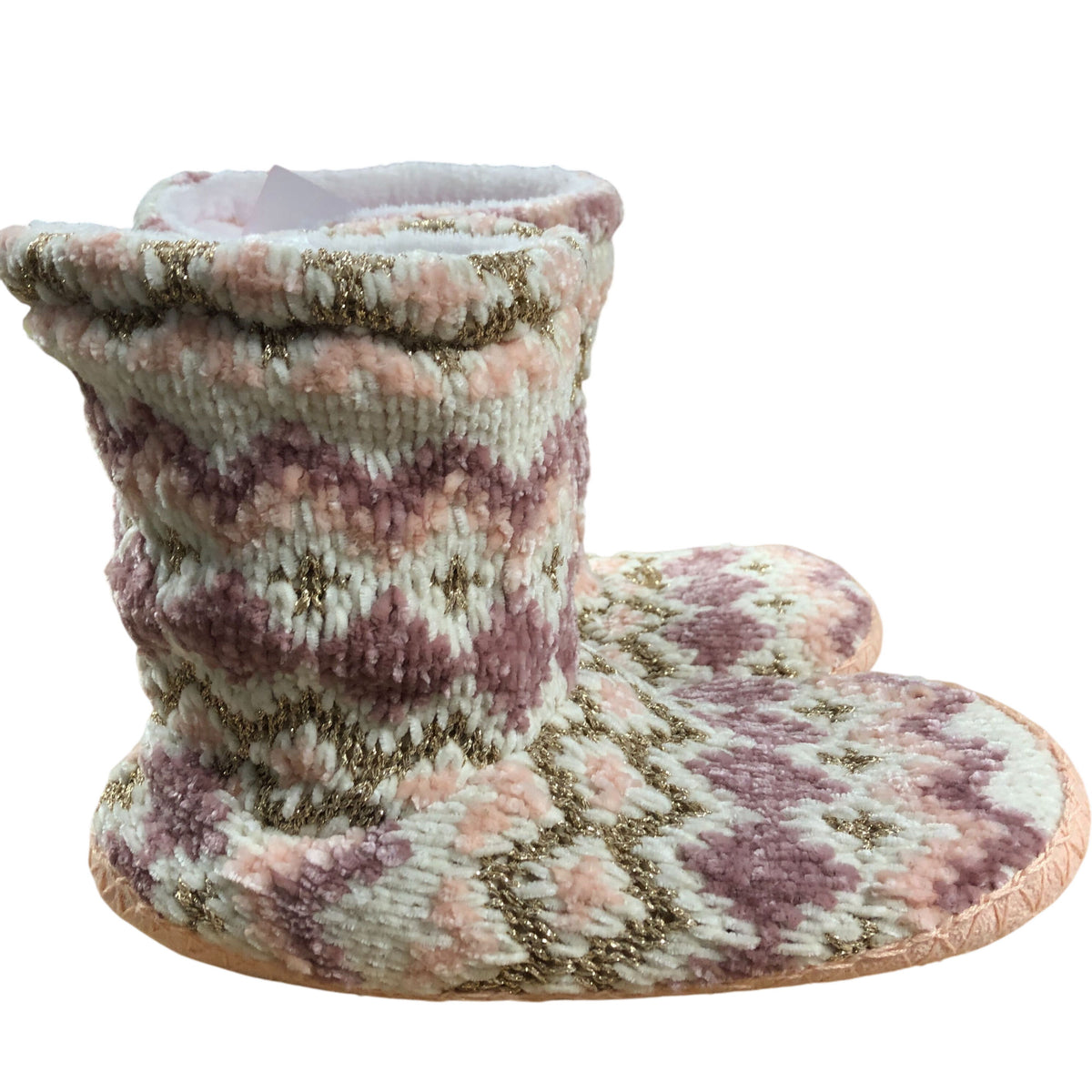 Chunky Knit Slippers Women's Winter Cozy Booties Pink Pattern