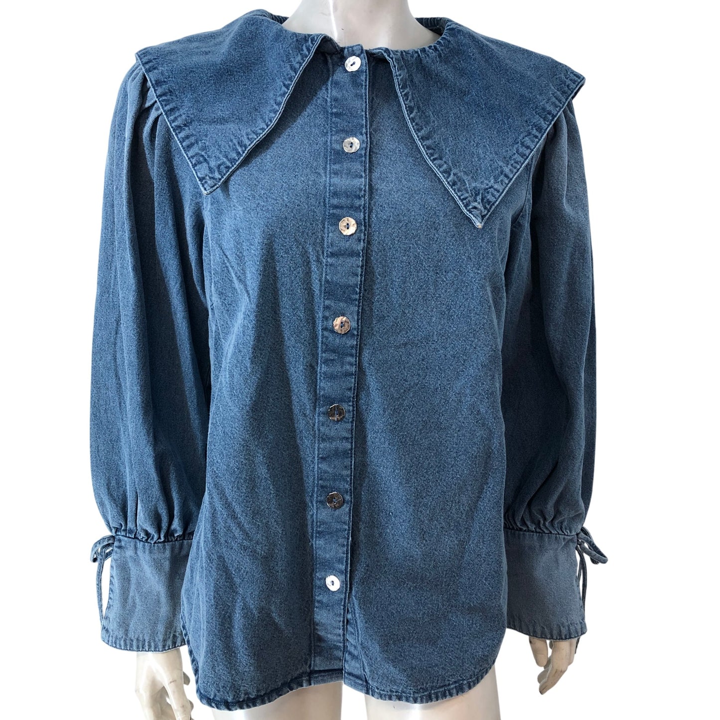 River Island Denim Heritage Blouse UK12 Women's Medium Blue Puff Sleeve