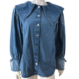 River Island Denim Heritage Blouse UK12 Women's Medium Blue Puff Sleeve