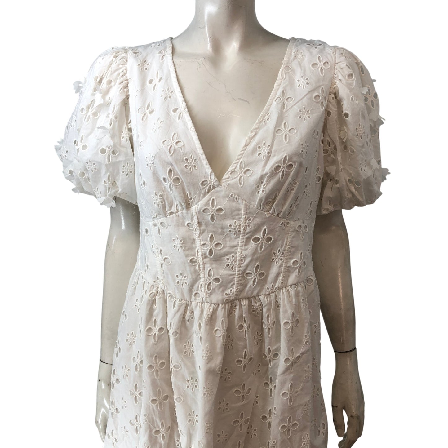 River Island Women's White Embroidered Short Dress UK10 Puff Sleeve