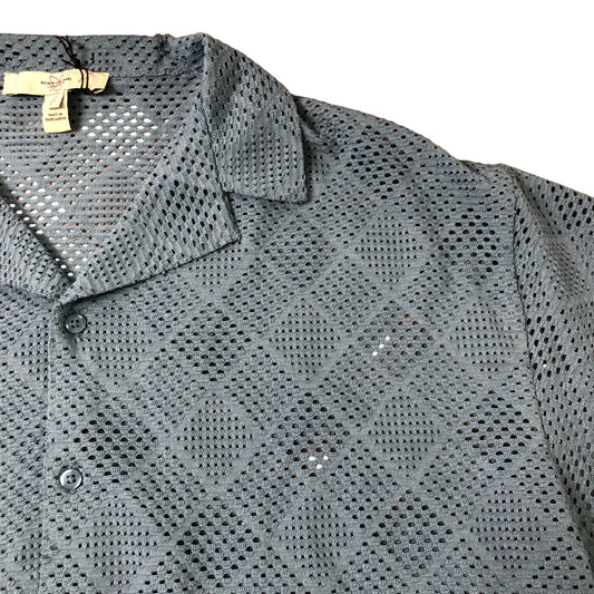 River Island Men's L Blue Casual Short Sleeve Top Stylish Crocheted Shirt