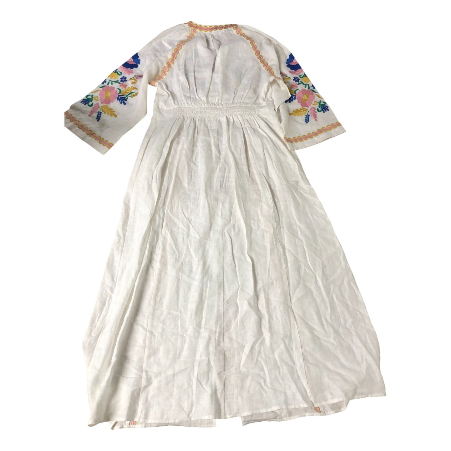 Embroidered Maxi Dress Size 14 Women's Floral White Linen Long Sleeve