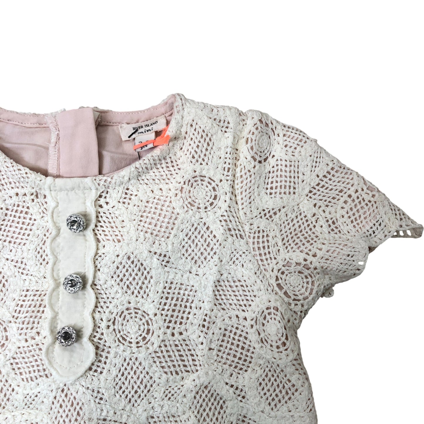 River Island Girls Crochet Dress 2-3 Years Cream Floral Scalloped Hem Buttons
