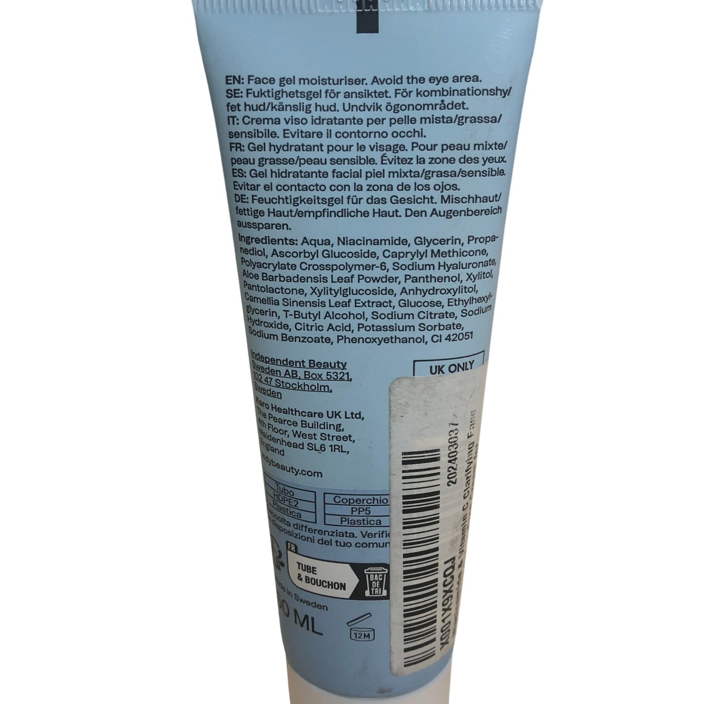 Indy Beauty Niacinamide Vitamin C Gel Moisturiser 50ml Oily Sensitive Skin