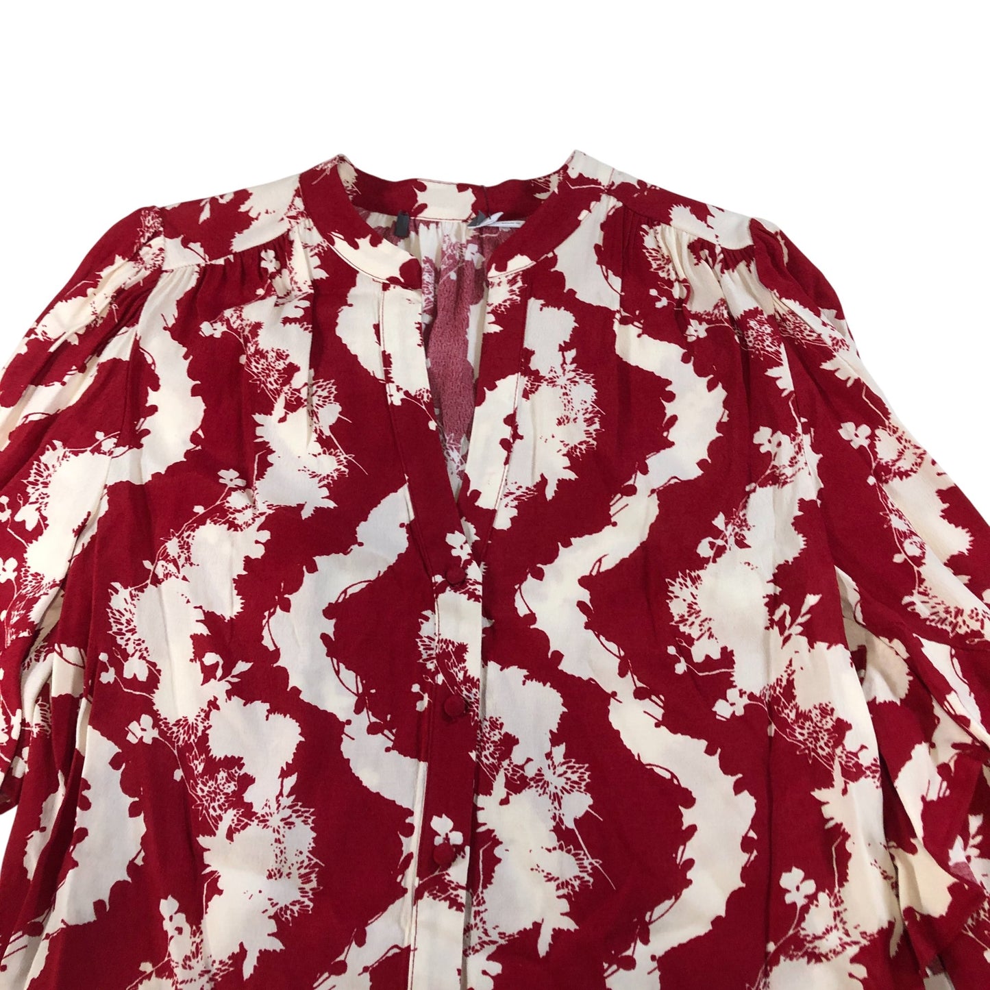 Branded Viscose Rayon Blouse Women's Red White Floral Print Long Sleeve UK12