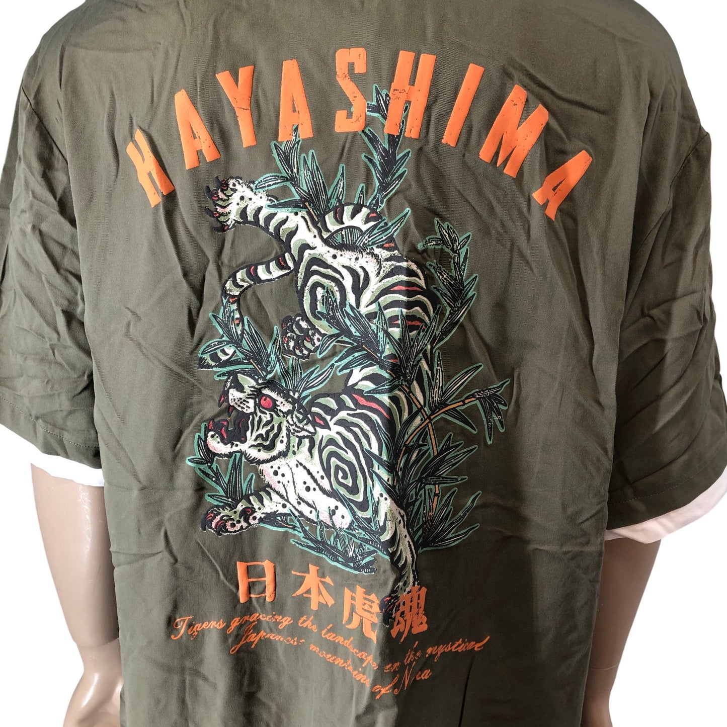 RIVER ISLAND Casual Shirt M Olive Green Short Sleeve Tiger Print Graphic