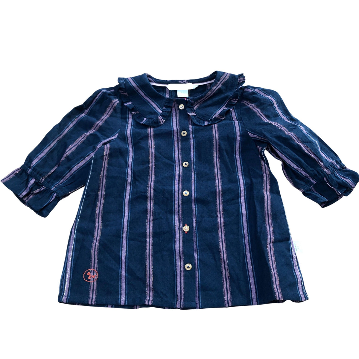 Girls' Blouse Striped Navy Cotton Top With Ruffle Collar 5-6 Years