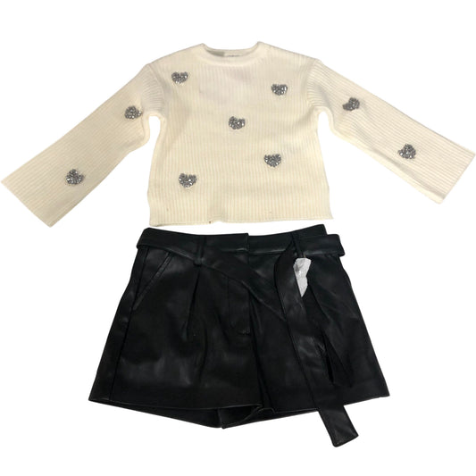 River Island Set Sweater With Heart Detailing And Black Faux Leather Shorts
