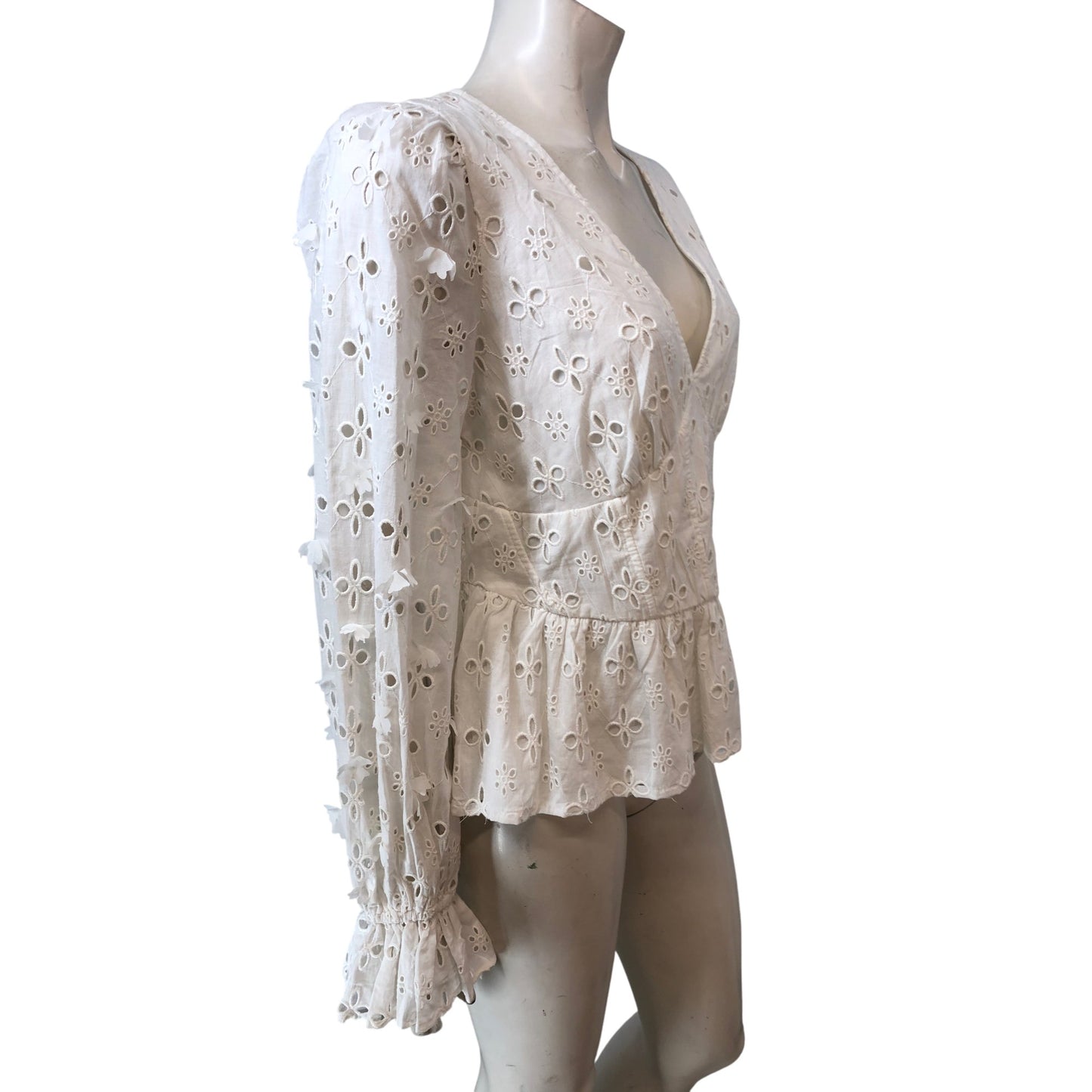 River Island UK12 Women's White Floral Embroidered Peplum Blouse Top
