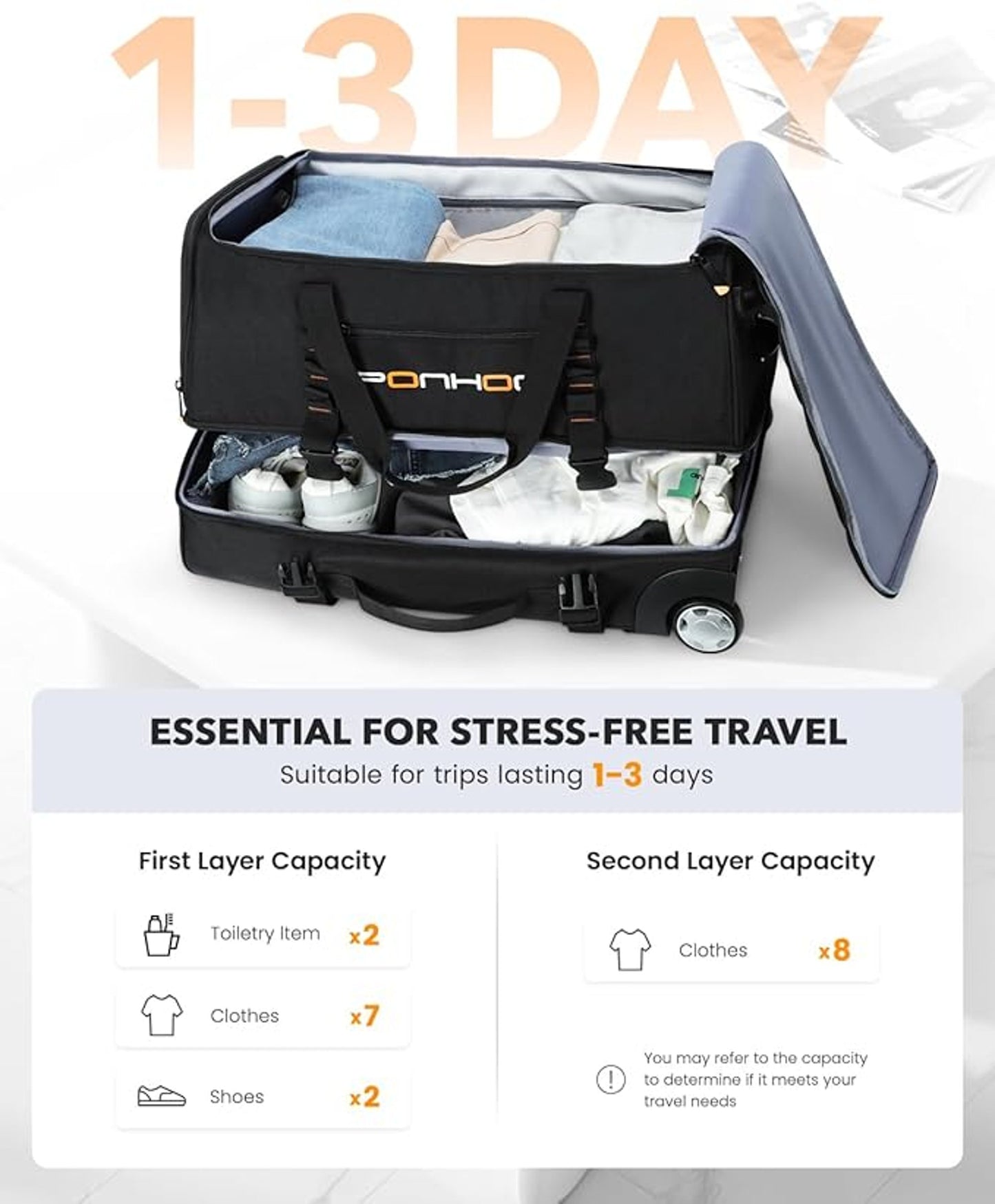 PONHOG 21 Inch Wheeled Duffel Bag Black Portable Lightweight Travel Holdall