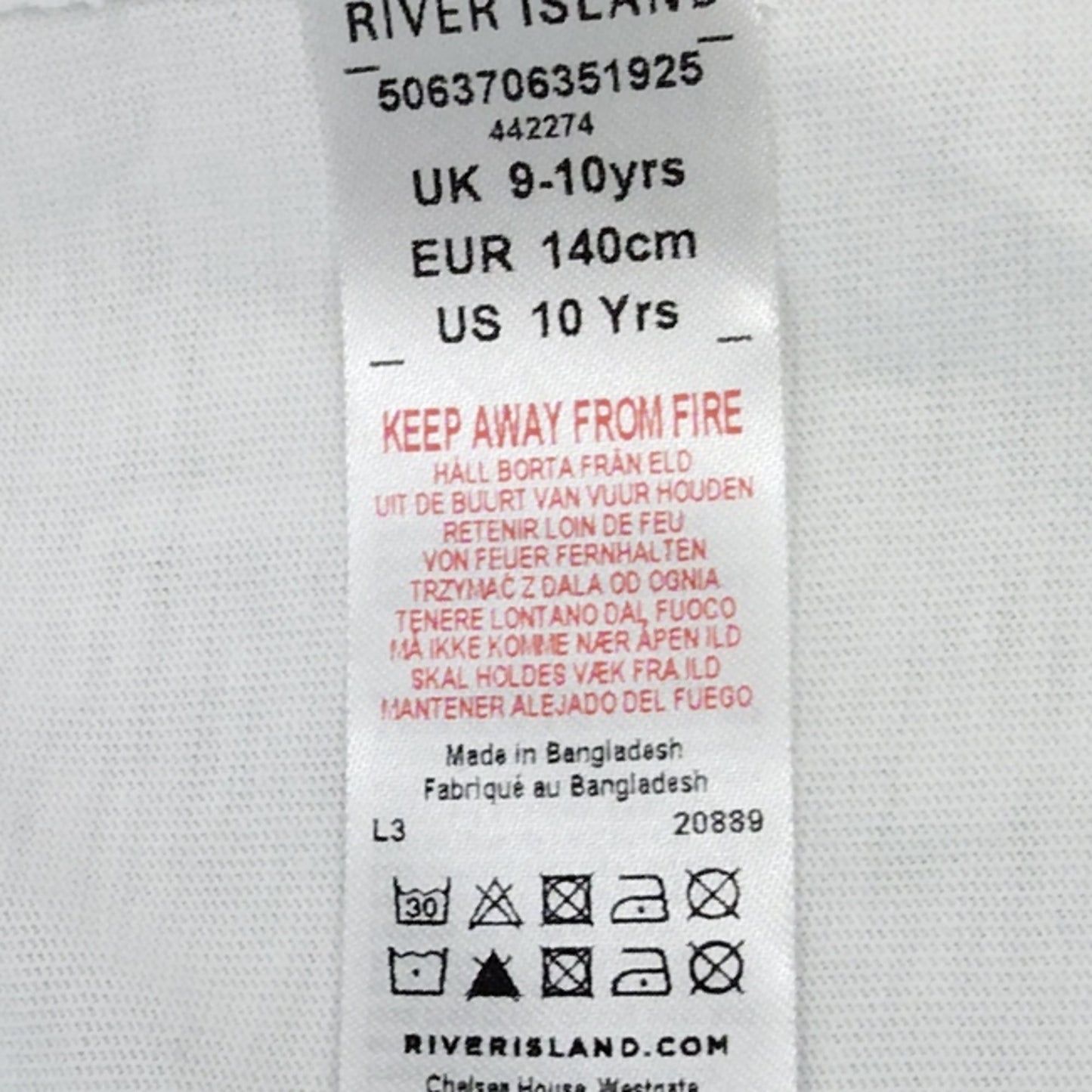 River Island White T-Shirt Kids 9-10 Years Paris Design Teddy Bear Print