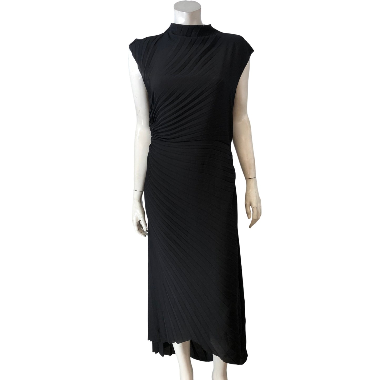 AllSaints Women's Pleated Black Midi Dress Size UK10 Elegant Sleeveless