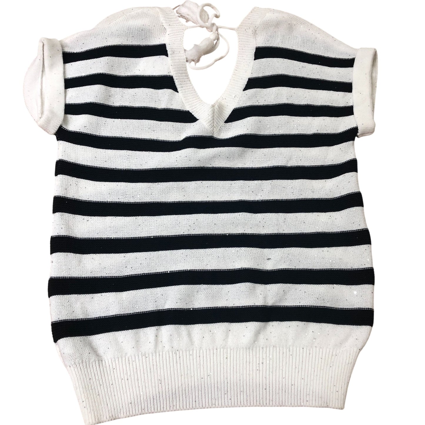 Striped V Neck Sweater Women's Cotton Short Sleeves Medium