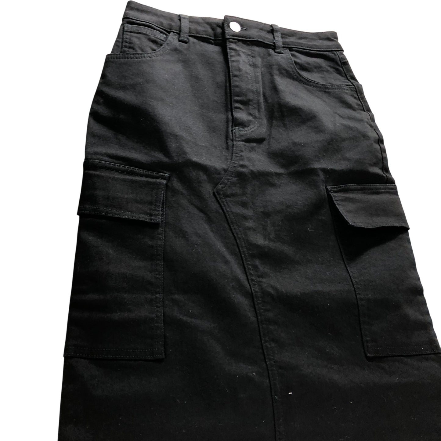 Branded Black Denim Midi Cargo Skirt - Size 6