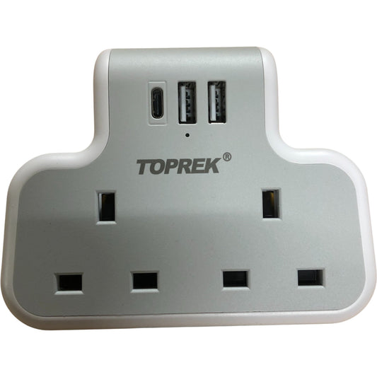Toprek Multi Plug Adaptor TP-WH3U2K-C 2 UK Outlets 2 USB-A 1 USB-C Ports