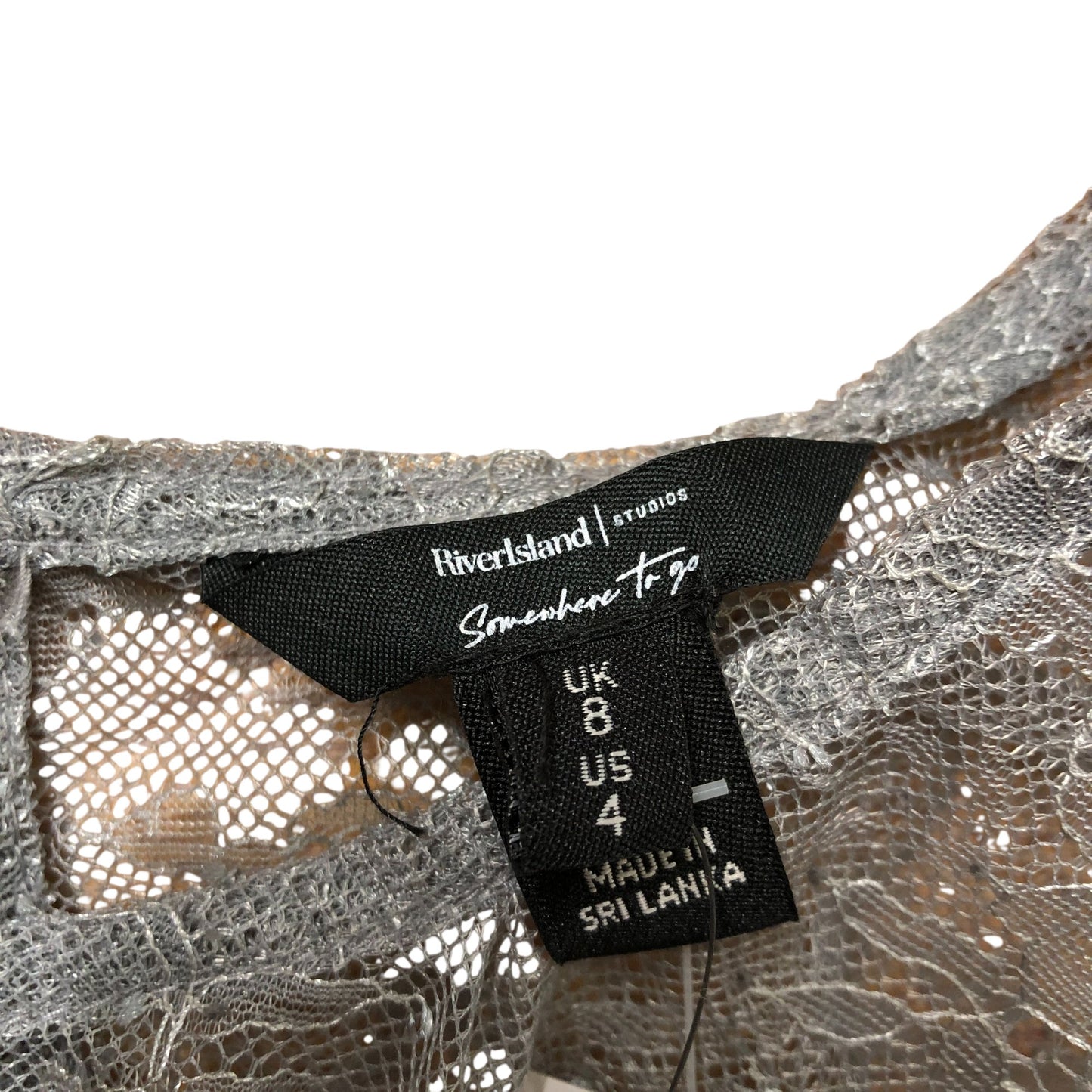 River Island Size 8 Women's Grey Lace Smock Top Short Sleeve Ruffled