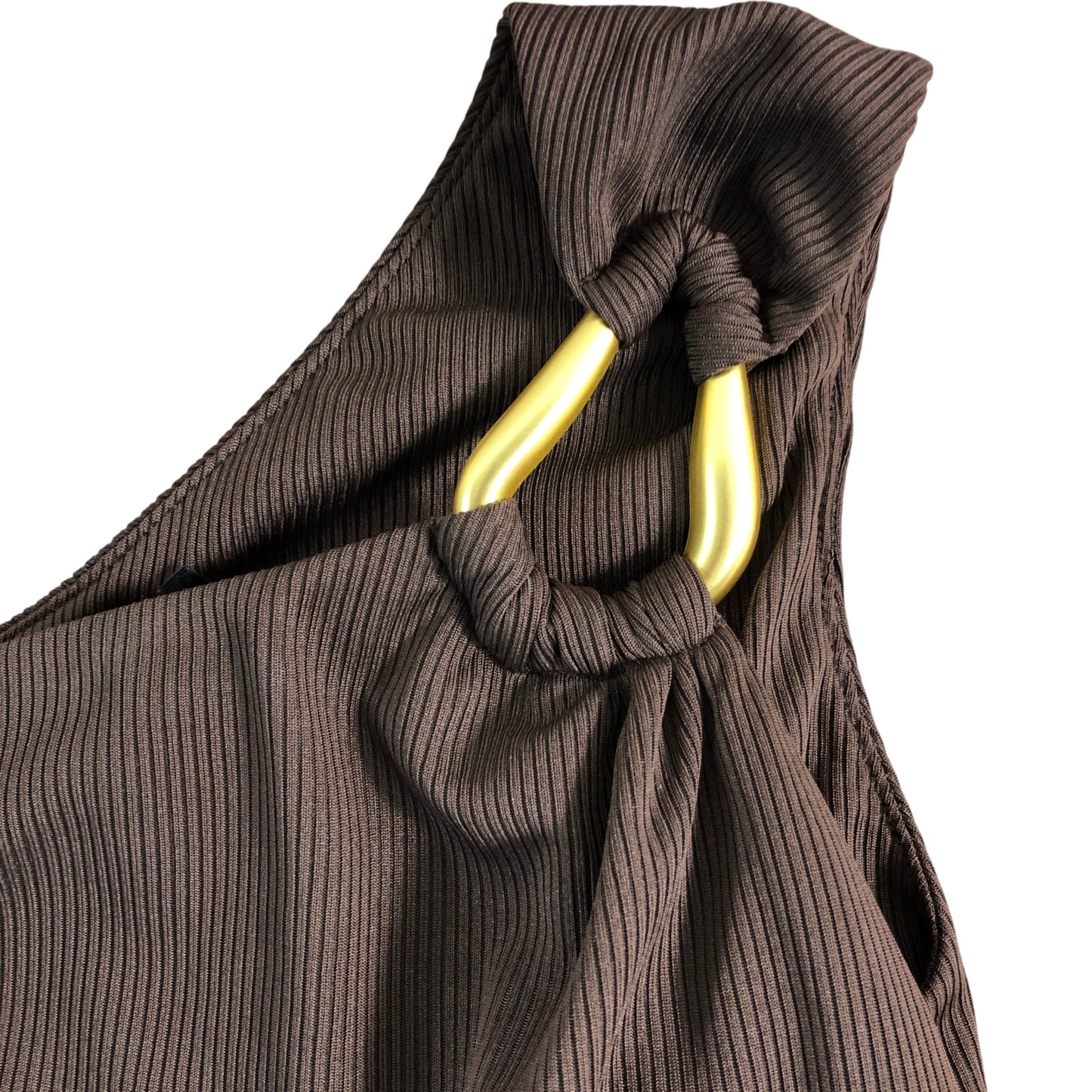 River Island One Shoulder UK S Women's Brown Ribbed Bodysuit