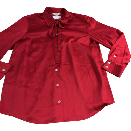 Red Blouse UK12 Women's Silk Blend Long Sleeve Tie Neck Shirt