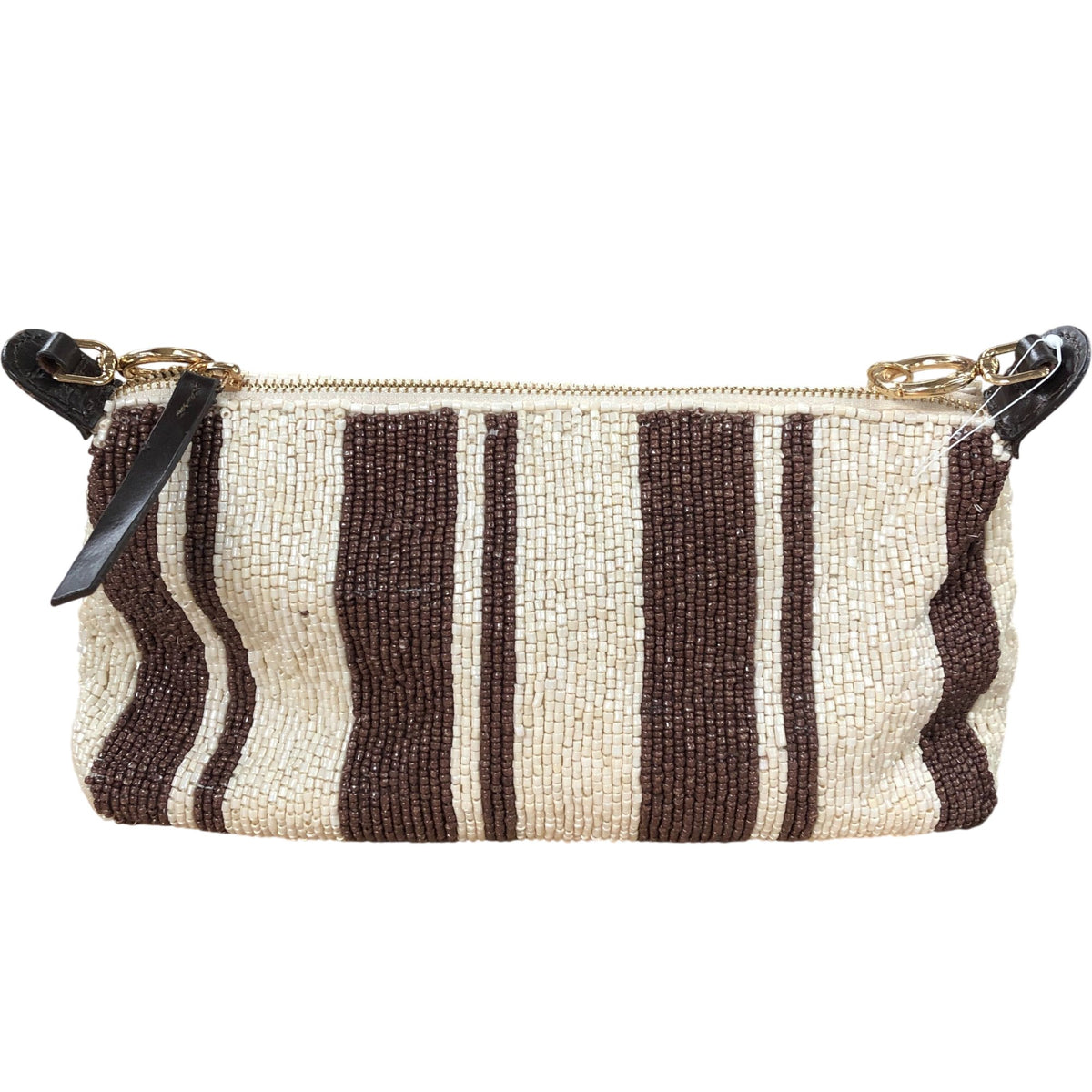 Isla Stripe Beaded Clutch Bag Brown & Cream Gold Handle