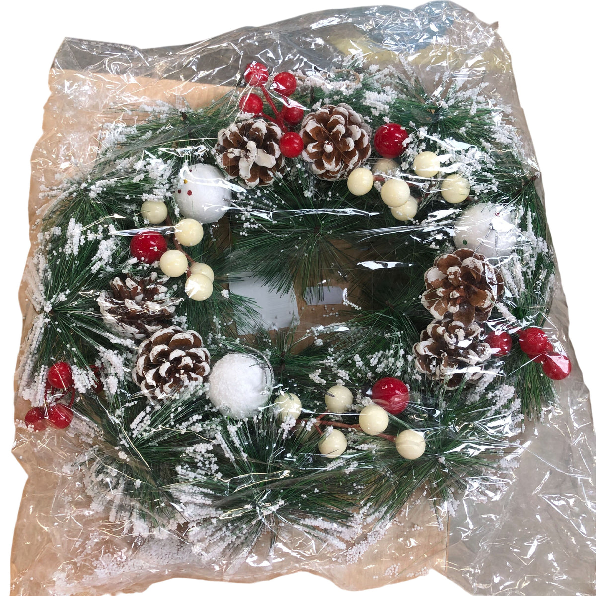 Snowy Christmas Wreath Berries & Pine Cones 16"