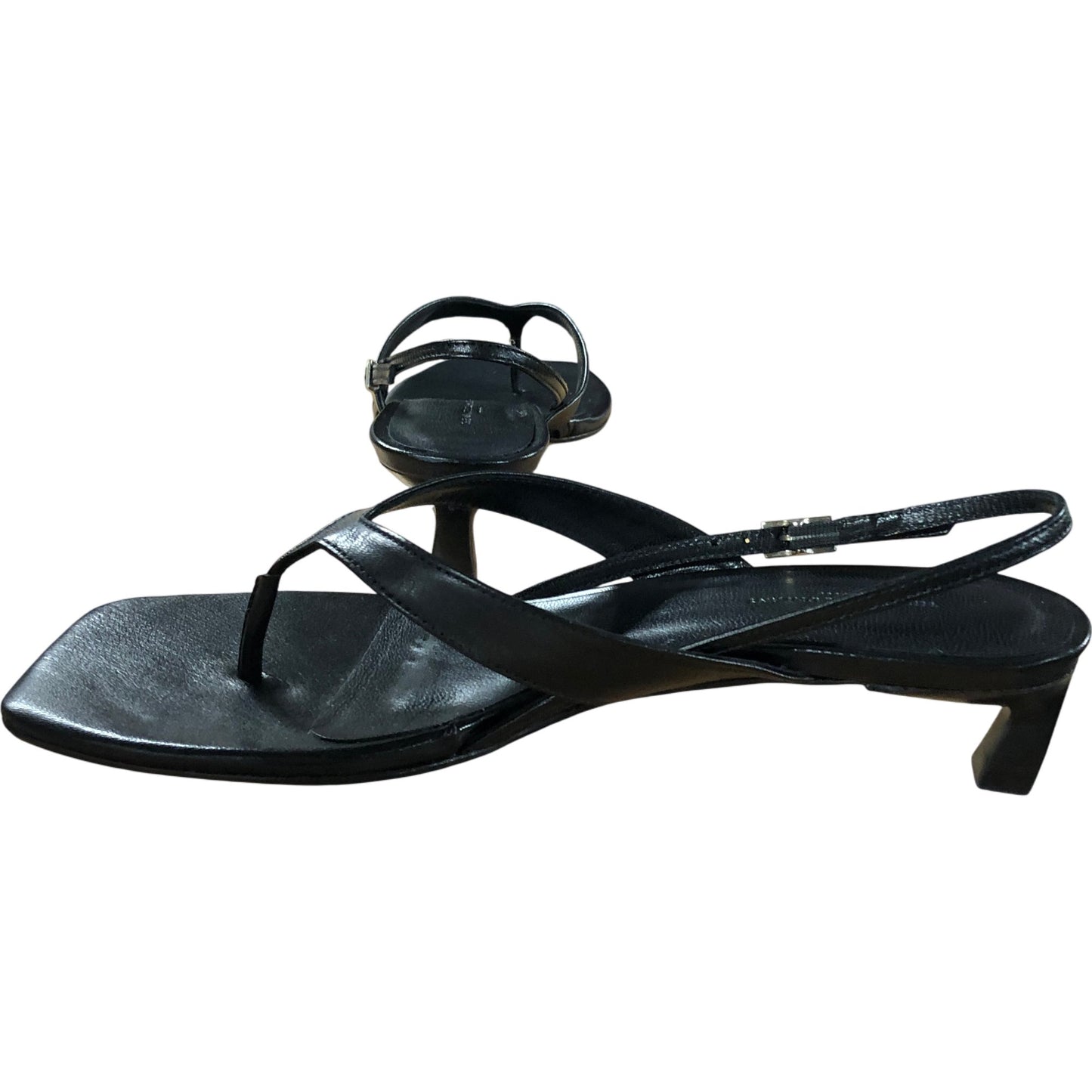 Branded Black Leather Kitten Heel Toe Post Sandals UK 4 Women's