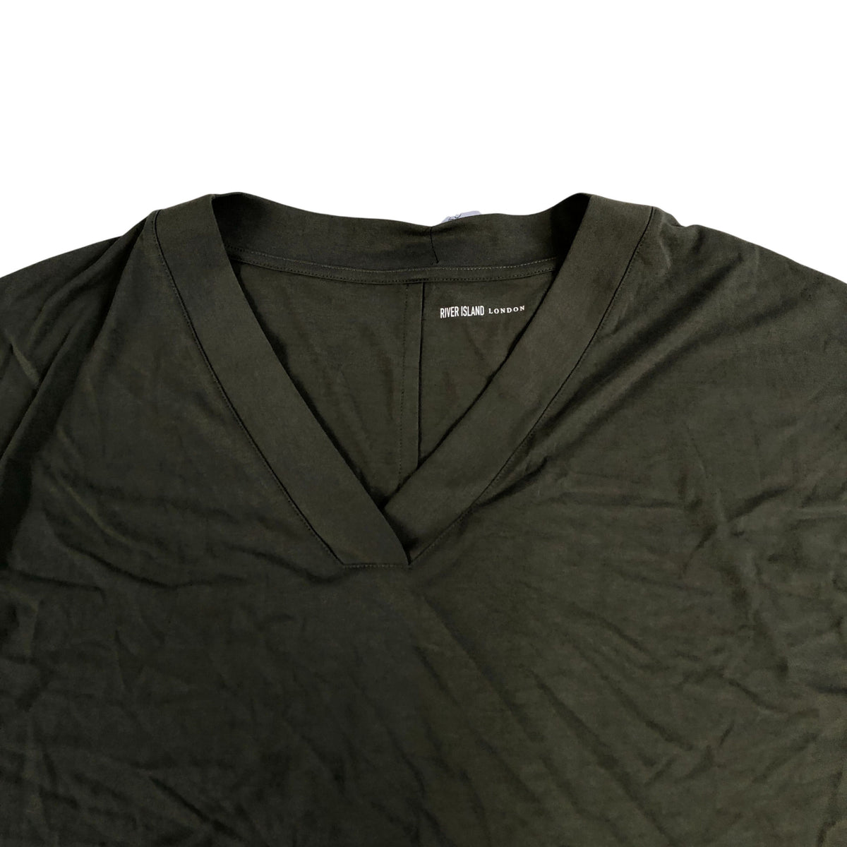 River Island V Neck T Shirt UK Size 12 Women's Olive Green Viscose Blend Top