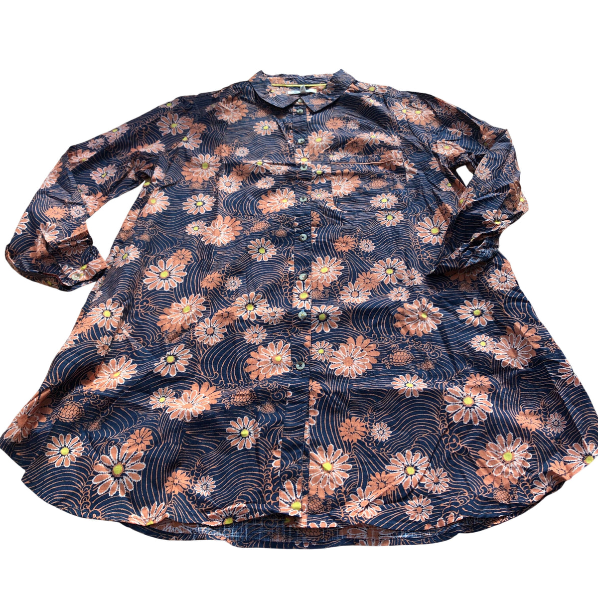 Floral Print Shirt 100% Organic Cotton Size L Women's Long Sleeve