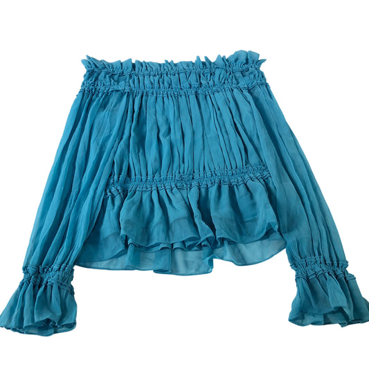 River Island Off The Shoulder Top Women's Ruffled Blouse Chiffon Turquoise Large
