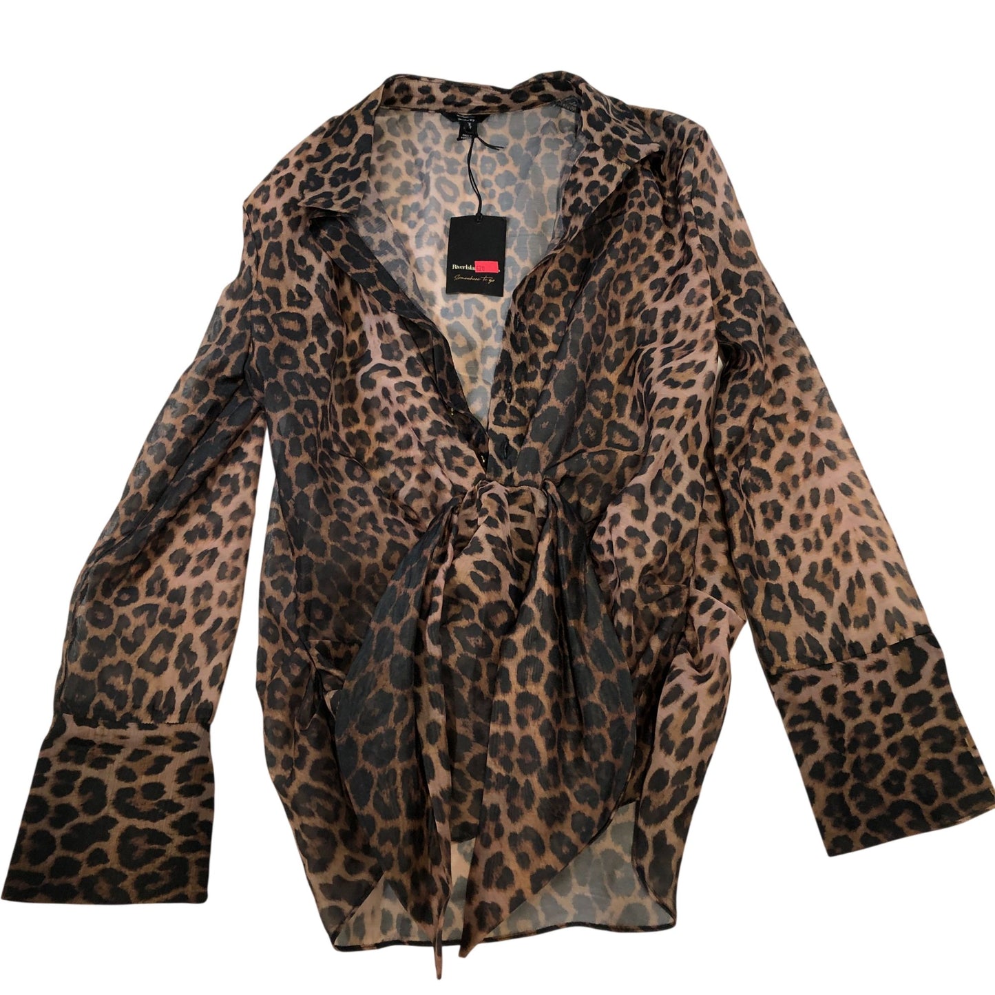 River Island Women's UK8 Brown Leopard Print Sheer Tie Front Blouse